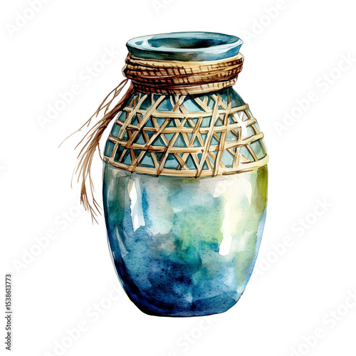 Traditional Clay Pot with Handle and Woven Design Transparent Background