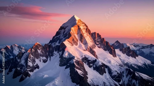 Snow covered mountain peak illuminated by sunrise in scenic alpine landscape, highlighting jagged rocks and pink sky, cold, winter season