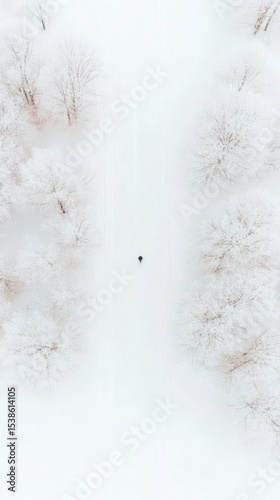 Solitary figure walking through snowy winter forest with frost-covered trees