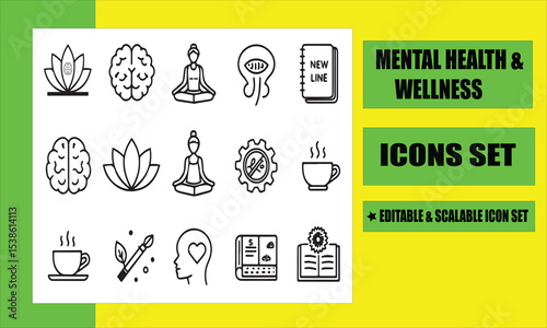 Mental Health & Wellness Icons Set: An elegant set of icons, symbolizing mental health and wellness, in a vector design for clarity and aesthetic appeal. Representing mind, body, and soul. 