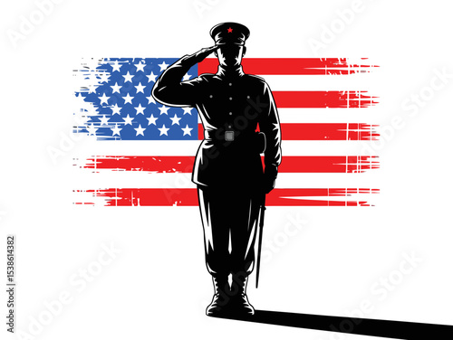 American military soldier saluting with usa flag background vector graphic art