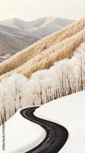 Serpentine road winding through frosted winter landscape in tranquil mountain setting
