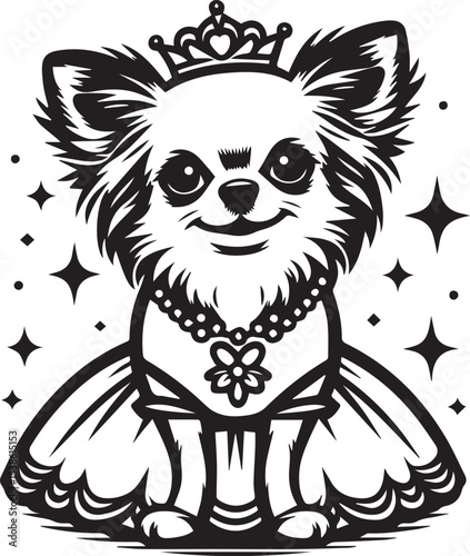 Adorable Chihuahua Princess in Elegant Dress a charming black and white vector illustration perfect for pet lovers and design projects.