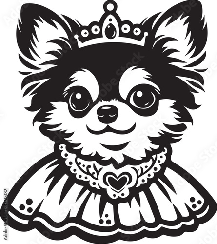 Adorable Chihuahua Princess in Elegant Dress a charming black and white vector illustration perfect for pet lovers and design projects.