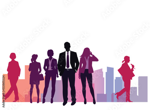 group of business people , Corporate Team Silhouette Against Vibrant Urban Skyline  Vector Illustration