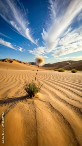 Delicate dandelion wildflower growing in undulating sand dunes under a vibrant blue sky with cirrus cloud formations, arid landscape