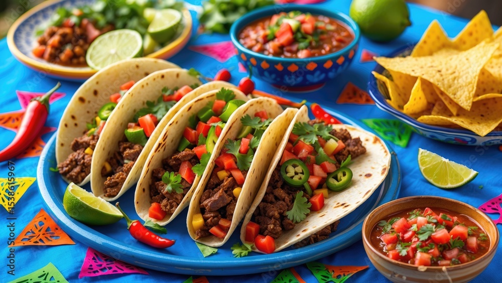 Fototapeta premium Cinco de mayo party food featuring Mexican holiday traditional dishes, snacks, tortilla corn chips, nachos, tacos, salsa, and sauces. Friends and family gathering feast background top view copy space