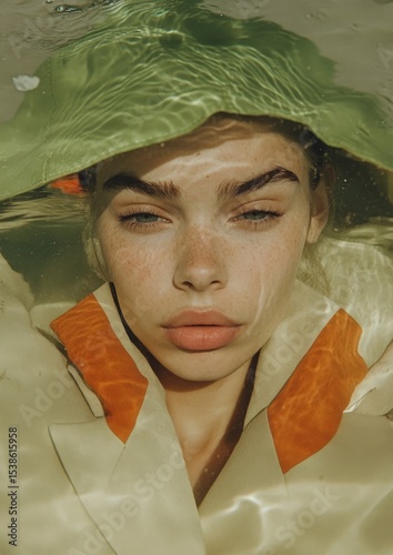 Young caucasian woman partially submerged in water with reflective light patterns