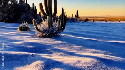 Desert landscape with snowy ground and cacti silhouettes under setting sun, creating dramatic shadows and warm, golden light