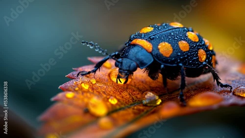 A black beetle with yellow spots walks on a dewy leaf in the early morning light.