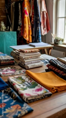 Stacks of colorful fabric with floral patterns arranged on a wooden table in a bright, naturally lit room filled with fabrics.