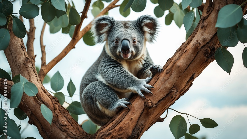 Fototapeta premium Cute koala relaxing on a branch above a tree. Adult koala perched on an eucalyptus tree. Stunning endemic animal. Gorgeous wildlife moment captured in Victoria, east Australia.