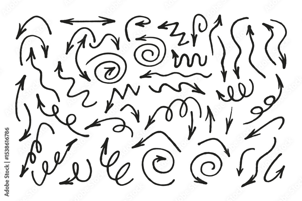 Hand drawn marker arrows symbols set. Doodle brush line grunge scribbles arrow pointers hand drawn vector illustration. Felt pen marker symbols collection.