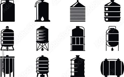 Set of diverse black tank icons for industrial storage and water reservoir designs