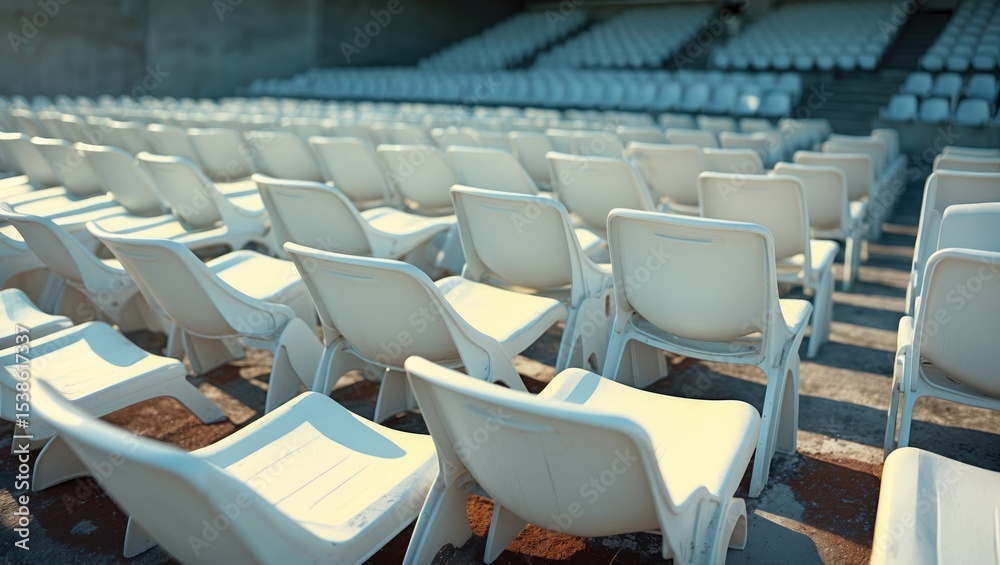 Fototapeta premium Empty white stadium seats in an outdoor sports arena, organized in a repetitive pattern, producing a minimalist and uniform appearance.