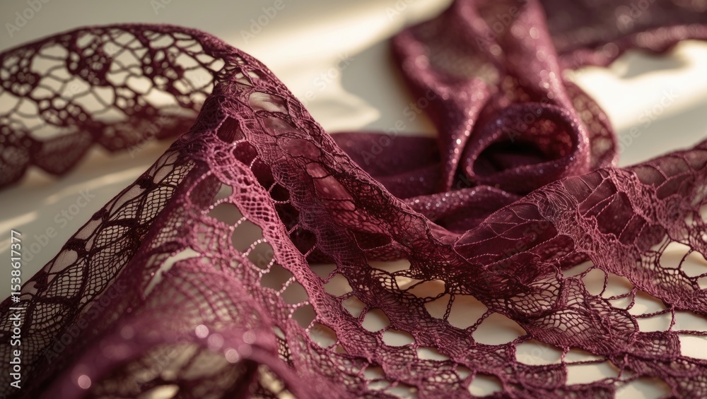 Obraz premium Close-up of pink lace fabric highlighting intricate open weave texture and delicate, airy design for fashion and decor