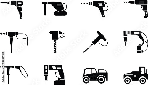 Illustrated collection of black and white power drills and construction vehicle icons