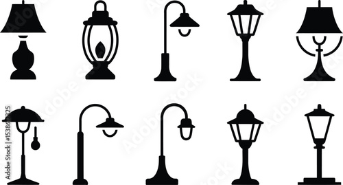 Collection of black silhouette lamps illustrating different styles of lighting fixtures for various applications