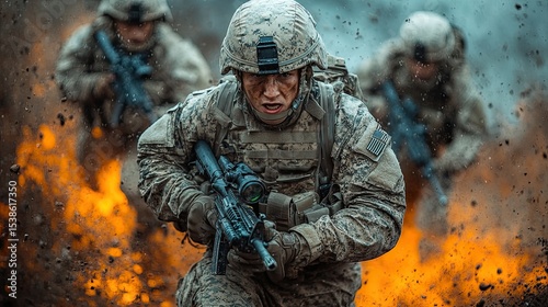 Military team providing cover fire for injured soldier during evacuation amid active combat zone.