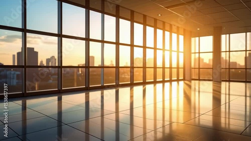 Bright empty corporate office space with large windows overlooking the city skyline bathed in a warm golden light at sunrise.