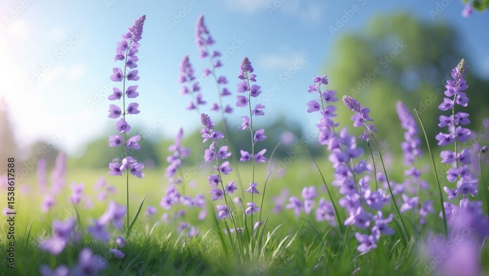 Fototapeta premium Delicate purple wildflowers grow tall in a sunlit open field, gently swaying in a light breeze beneath a clear blue sky. The landscape highlights the beauty of nature in full bloom.