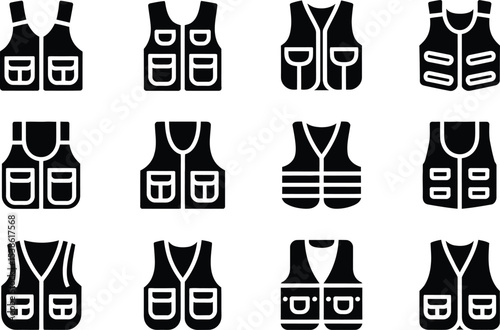 Collection of black safety vest icons representing protective workwear for various professions