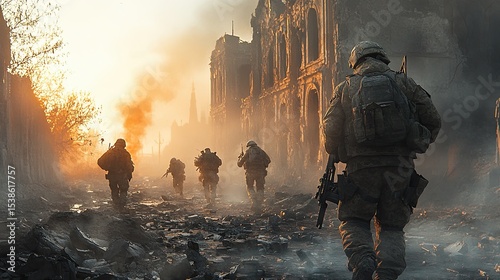 Smoke and debris filling the air as soldiers engage in intense armed battle inside destroyed building.