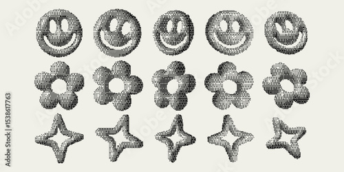 Bitmap pixelated shapes. Retro futuristic elements for design in y2k style. Trendy minimalist raster effect.