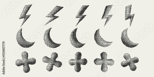 Bitmap pixelated shapes. Retro futuristic elements for design in y2k style. Trendy minimalist raster effect.