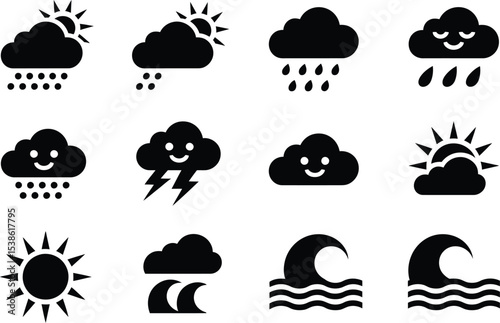 Collection of simple black weather icons featuring sun rain waves and lightning for design