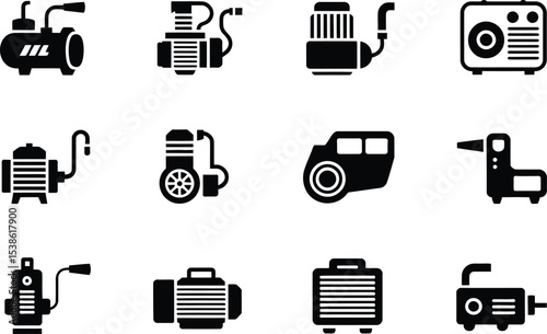 Collection of isolated air compressors and related equipment in minimalist black and white silhouettes