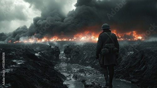 Soldiers storming trench lines while heavy artillery fire lights up horizon during war campaign.