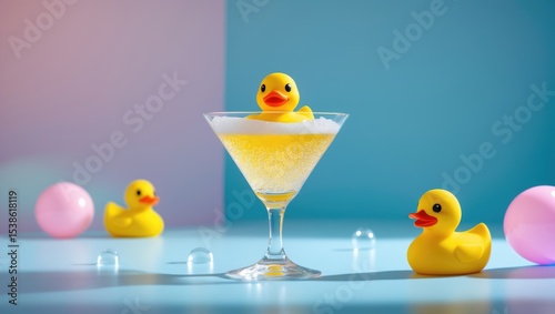 Creative composition featuring a yellow rubber duck and bubble bath foam in a martini cocktail glass on a pastel blue background. Surreal bathing concept. Retro style aesthetic idea.