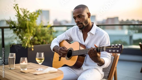 Enthusiastic man playing acoustic guitar outdoors with natural light and vibrant surroundings