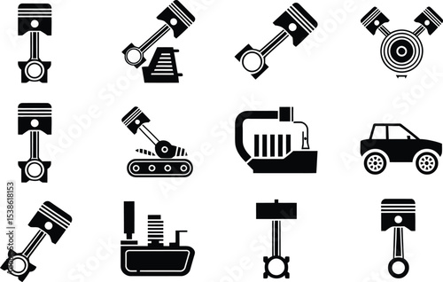 Black and white silhouettes of engine pistons with other car related mechanical elements