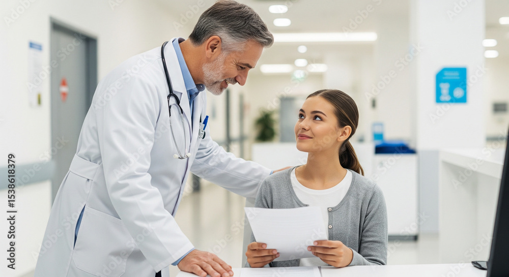 Obraz premium A reassuring male doctor with a stethoscope smiles at a female patient holding papers