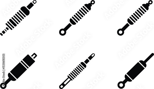 Set of six black and white shock absorber icons perfect for automotive and repair designs