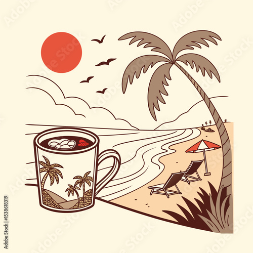 Beach Scene Within a Coffee Cup A Dreamy Coastal Getaway With Retro Style Illustration