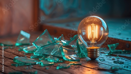 Glowing and broken light bulb comparison concept, problem and solution, failure and success, learning from mistakes