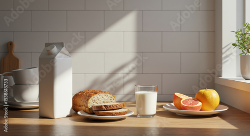a modern kitchen breakfast scene with a milk carton placed on a wooden table next to a glass of milk, natural morning light coming through a window, minimalistic ceramic dishes, sliced bread and fruit