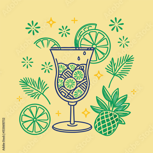 Refreshing Tropical Drink with Lime and Pineapple A Vibrant Illustration with Summery Vibes for Relaxation