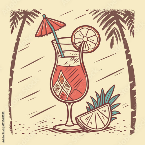Vintage Tropical Cocktail Illustration with Palm Trees and Citrus Fruits for a Summer Beach Vibe