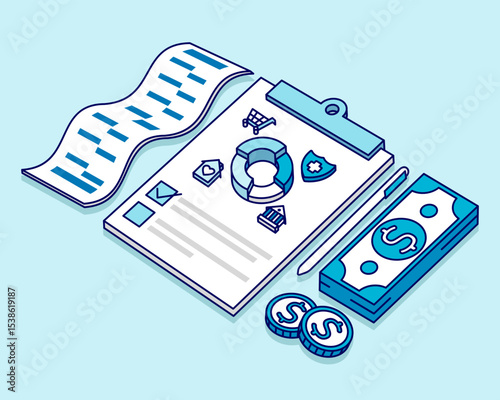 Personal budget, expense and income record, cash, coins. Vector illustration