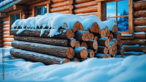A stack of firewood covered in snow leans against the wall of a wooden cabin. The natural texture of the logs and the cozy ambiance evoke a peaceful winter atmosphere. photo