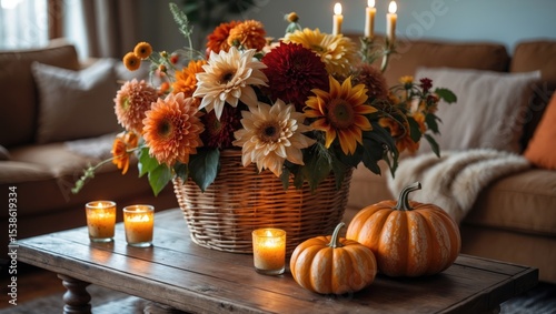 Autumnal warm idea in frigid weather, capturing the warmth of the home. The stagnant state features pumpkins, a wicker basket, candles, and flowers arranged on a coffee table in the living room.