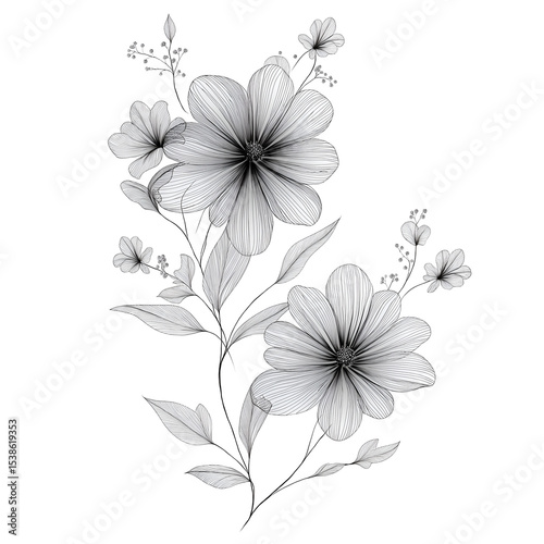 Elegant floral design with delicate line drawing on transparent background