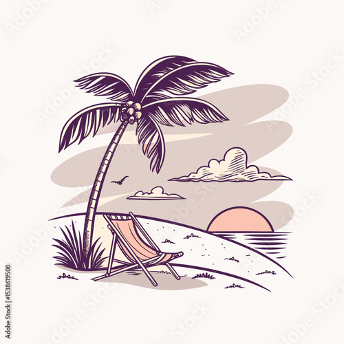 Serene Beach Getaway Palm Tree Sunset and Relaxing Chair an Idyllic Tropical Escape Drawn Illustration