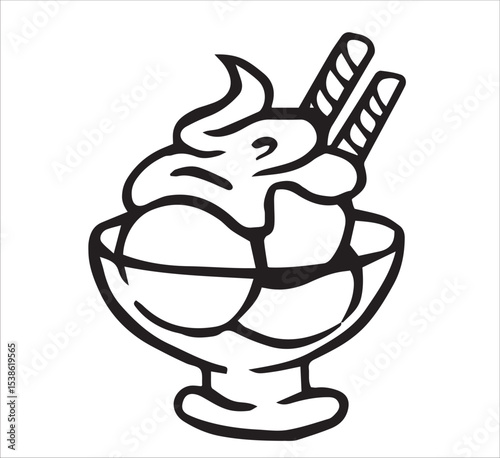 dessert with ice cream and whipped cream. vector doodle illustration