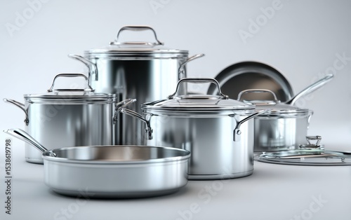 A cookware set features various stainless steel pots and pans against a bright neutral backdrop