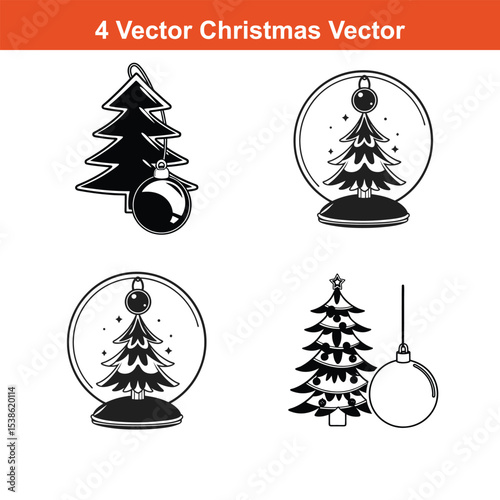 Christmas Ornaments Icons Set,Set of Christmas and New Year silhouette icons. Outline of party black elements of Christmas festive decoration. Christmas tree, Santa, deer, gingerbread, candle, snowbal